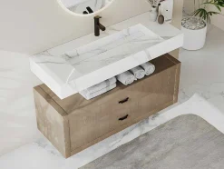 Lavatório Suspenso Em Superficie Solida Efeito Marmore Branco De C120,2 X L45,2 X A8 Cm - Takotna