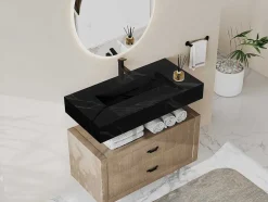 Lavatório Suspenso Em Superficie Solida Efeito Marmore Preto De C90,2 X L45,2 X A8 Cm - Takotna