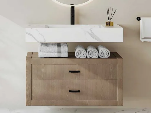 Lavatório Suspenso Em Superficie Solida Efeito Marmore Branco De C90,2 X L45,2 X A8 Cm - Takotna