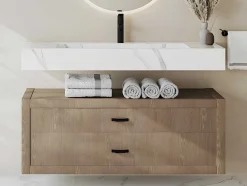 Lavatório Suspenso Em Superficie Solida Efeito Marmore Branco De C120,2 X L45,2 X A8 Cm - Takotna