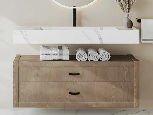 Lavatório Suspenso Em Superficie Solida Efeito Marmore Branco De C120,2 X L45,2 X A8 Cm - Takotna