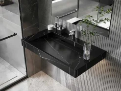 Lavatório Suspenso Em Superficie Solida Efeito Marmore Preto De C90,2 X L45,2 X A8 Cm - Takotna