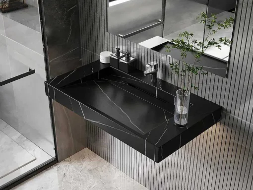 Lavatório Suspenso Em Superficie Solida Efeito Marmore Preto De C90,2 X L45,2 X A8 Cm - Takotna