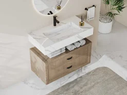 Lavatório Suspenso Em Superficie Solida Efeito Marmore Branco De C90,2 X L45,2 X A8 Cm - Takotna