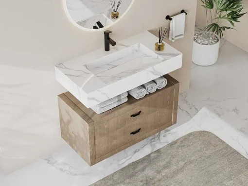 Lavatório Suspenso Em Superficie Solida Efeito Marmore Branco De C90,2 X L45,2 X A8 Cm - Takotna