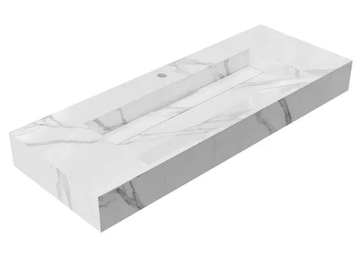 Lavatório Suspenso Em Superficie Solida Efeito Marmore Branco De C120,2 X L45,2 X A8 Cm - Takotna
