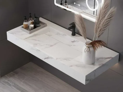 Lavatório Suspenso Em Superficie Solida Efeito Marmore Branco De C90,2 X L45,2 X A8 Cm - Takotna