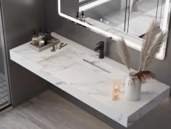 Lavatório Suspenso Em Superficie Solida Efeito Marmore Branco De C120,2 X L45,2 X A8 Cm - Takotna