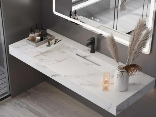Lavatório Suspenso Em Superficie Solida Efeito Marmore Branco De C120,2 X L45,2 X A8 Cm - Takotna