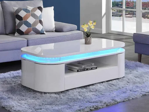 Mesa De Centro 4 Portas E 1 Gaveta Com Leds Em Mdf Lacado A Branco - Vandana