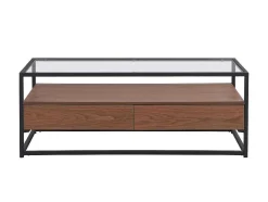 Mesa De Centro Com 2 Gavetas Em Mdf, Vidro Temperado E Metal Natural Escuro - Camata