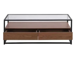 Mesa De Centro Com 2 Gavetas Em Mdf, Vidro Temperado E Metal Natural Escuro - Camata