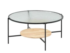 Mesa De Centro Com 1 Prateleira, Vidro, Madeira De Hevea E Metal, Natural E Preto - Munita