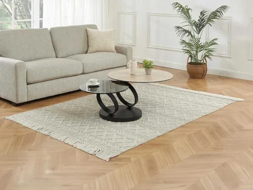 Mesa De Centro Com Tampos Giratorios, Ceramica, Vidro Temperado Fumado E Metal, Preto E Natural - Joline De Maison Cephy