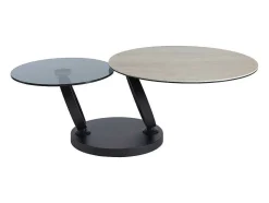 Mesa De Centro Com Tampos Giratorios, Ceramica, Vidro Temperado Fumado E Metal, Preto E Natural - Joline De Maison Cephy