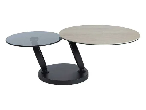 Mesa De Centro Com Tampos Giratorios, Ceramica, Vidro Temperado Fumado E Metal, Preto E Natural - Joline De Maison Cephy