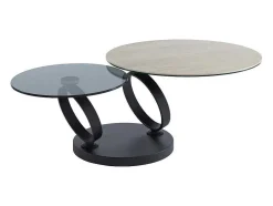 Mesa De Centro Com Tampos Giratorios, Ceramica, Vidro Temperado Fumado E Metal, Preto E Natural - Joline De Maison Cephy