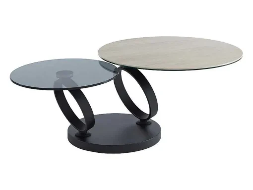 Mesa De Centro Com Tampos Giratorios, Ceramica, Vidro Temperado Fumado E Metal, Preto E Natural - Joline De Maison Cephy