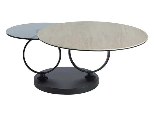 Mesa De Centro Com Tampos Giratorios, Ceramica, Vidro Temperado Fumado E Metal, Preto E Natural - Joline De Maison Cephy