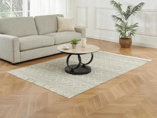 Mesa De Centro Com Tampos Giratorios, Ceramica, Vidro Temperado Fumado E Metal, Preto E Natural - Joline De Maison Cephy