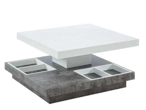 Mesa De Centro Fausto - Tampo Giratorio - Mdf Lacado Branco & Betao