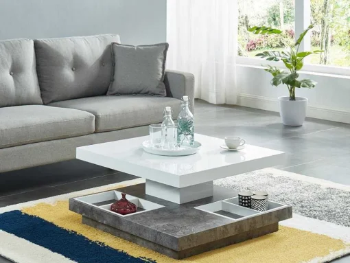 Mesa De Centro Fausto - Tampo Giratorio - Mdf Lacado Branco & Betao