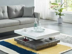 Mesa De Centro Fausto - Tampo Giratorio - Mdf Lacado Branco & Betao