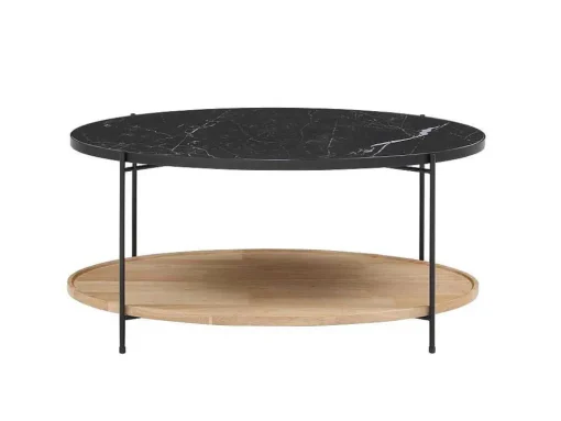 Mesa De Centro Tampo Duplo Em Ceramica E Madeira De Hevea, Efeito Marmore Preto E Natural - Fudila