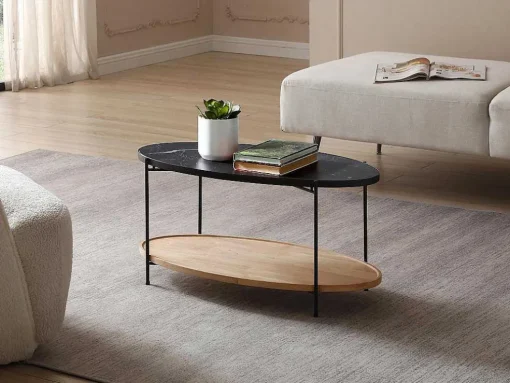 Mesa De Centro Tampo Duplo Em Ceramica E Madeira De Hevea, Efeito Marmore Preto E Natural - Fudila