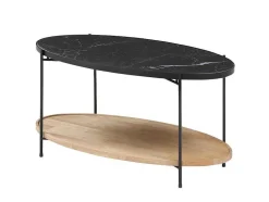 Mesa De Centro Tampo Duplo Em Ceramica E Madeira De Hevea, Efeito Marmore Preto E Natural - Fudila