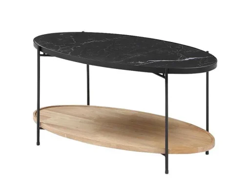Mesa De Centro Tampo Duplo Em Ceramica E Madeira De Hevea, Efeito Marmore Preto E Natural - Fudila