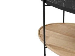 Mesa De Centro Tampo Duplo Em Ceramica E Madeira De Hevea, Efeito Marmore Preto E Natural - Fudila