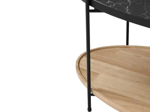 Mesa De Centro Tampo Duplo Em Ceramica E Madeira De Hevea, Efeito Marmore Preto E Natural - Fudila