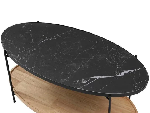 Mesa De Centro Tampo Duplo Em Ceramica E Madeira De Hevea, Efeito Marmore Preto E Natural - Fudila