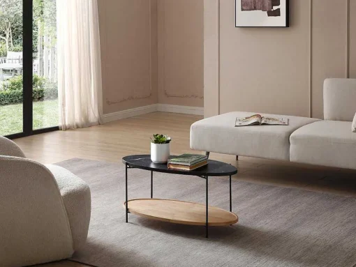 Mesa De Centro Tampo Duplo Em Ceramica E Madeira De Hevea, Efeito Marmore Preto E Natural - Fudila
