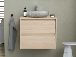 Móvel De Casa De Banho Com Lavatório De Pedra Instalacao Suspensa, Folha De Carvalho, 60 Cm - Milipam