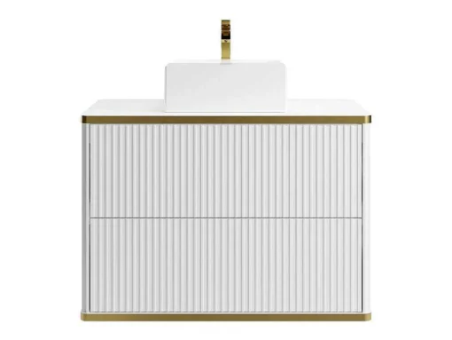 Móvel De Casa De Banho Suspenso Estriado Rebordo Dourado Com Lavatório De Pousar Branco 80 Cm - Keliza