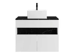 Móvel De Casa De Banho Suspenso Com Leds E Lavatório De Pousar, Branco E Preto Efeito Marmore C80 Cm - Pozega
