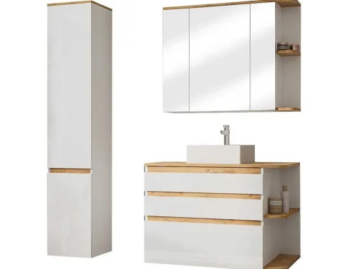 Móvel De Casa De Banho Suspenso Cor Madeira E Branco Com Lavatório Individual, Coluna E Armário De Casa De Banho 94 Cm - Anida