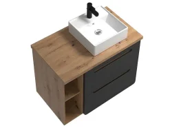 Móvel De Casa De Banho Suspenso Lavatório Simples E Nichos Cor Natural E Antracite De 80 Cm - Aruba