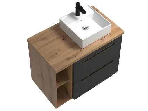 Móvel De Casa De Banho Suspenso Lavatório Simples E Nichos Cor Natural E Antracite De 80 Cm - Aruba