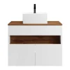 Móvel De Casa De Banho Suspenso Com Leds E Lavatório De Pousar, Branco E Natural Escuro C80 Cm - Pozega