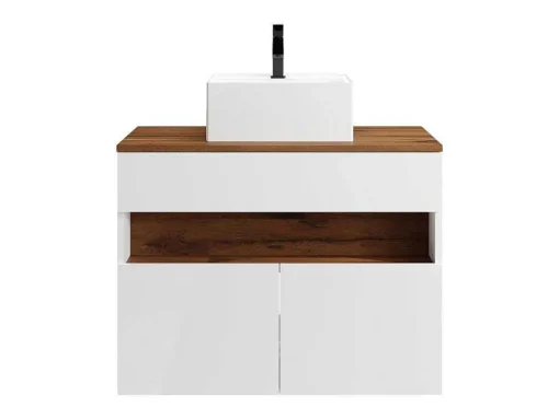 Móvel De Casa De Banho Suspenso Com Leds E Lavatório De Pousar, Branco E Natural Escuro C80 Cm - Pozega