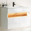 Móvel De Casa De Banho Suspenso Com Leds E Lavatório De Encastrar, Branco E Natural Escuro C80 Cm - Pozega
