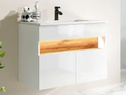 Móvel De Casa De Banho Suspenso Com Leds E Lavatório De Encastrar, Branco E Natural Escuro C80 Cm - Pozega