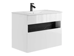 Móvel De Casa De Banho Suspenso Com Leds E Lavatório De Encastrar, Branco E Preto Efeito Marmore C80 Cm - Pozega