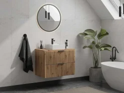 Móvel De Casa De Banho Suspenso Estriado Com Lavatório De Pousar, Natural Claro, L80 Cm - Zevara