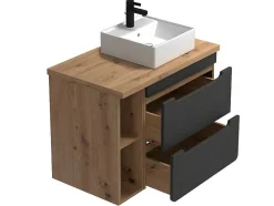 Móvel De Casa De Banho Suspenso Lavatório Simples E Nichos Cor Natural E Antracite De 80 Cm - Aruba