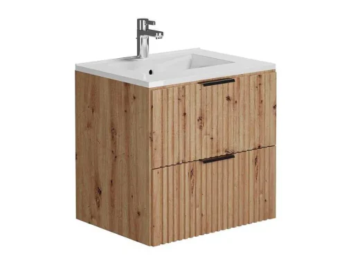 Móvel De Casa De Banho Suspenso Estriado Com Lavatório Embutido, Natural Claro, L60 Cm - Zevara