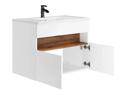 Móvel De Casa De Banho Suspenso Com Leds E Lavatório De Encastrar, Branco E Natural Escuro C80 Cm - Pozega